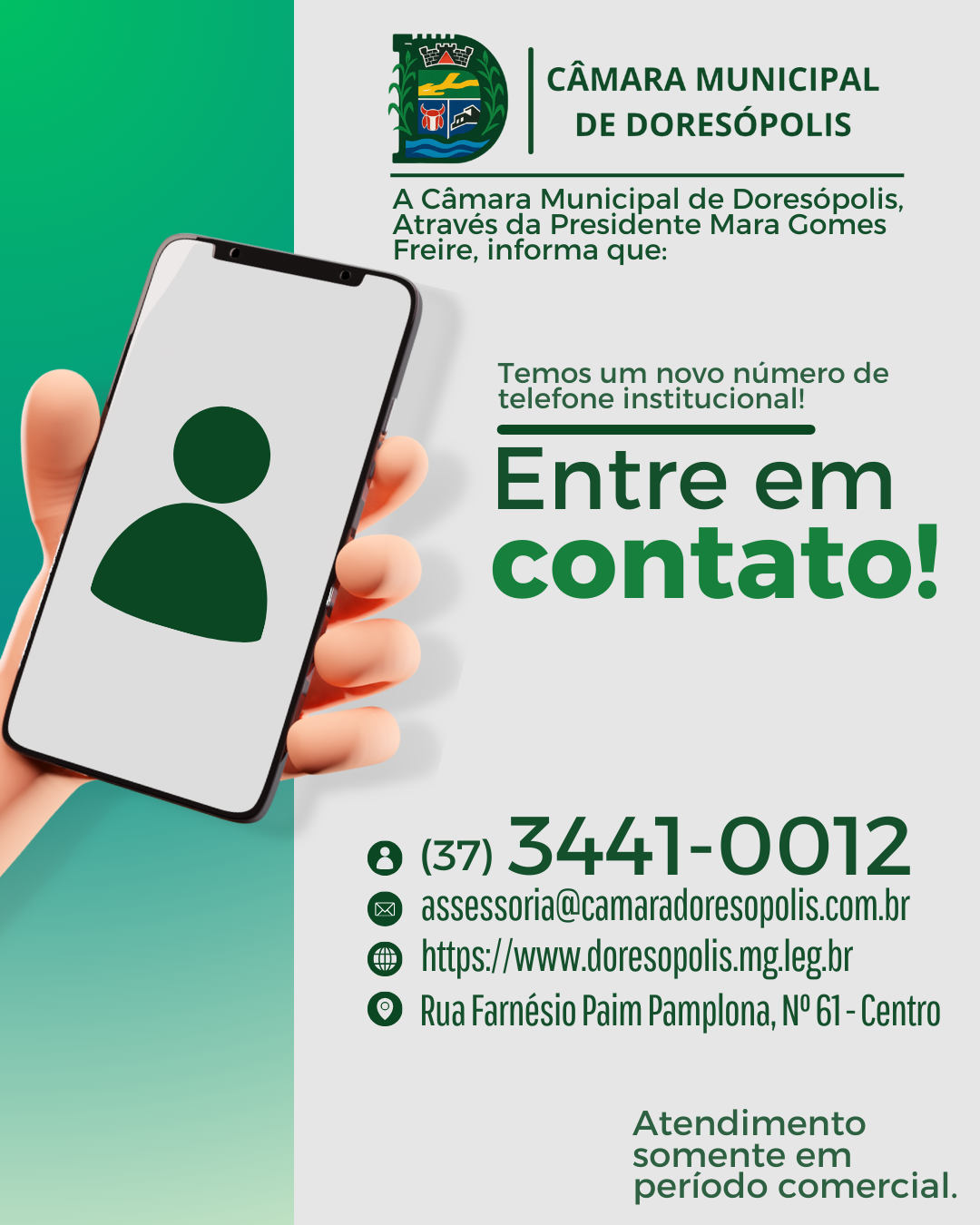 Atenção! Novo Número Institucional para contato na Câmara Municipal de Doresópolis