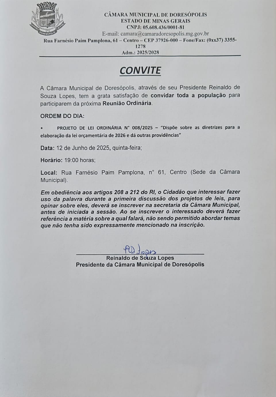 Convite 5ª Reunião Ordinária