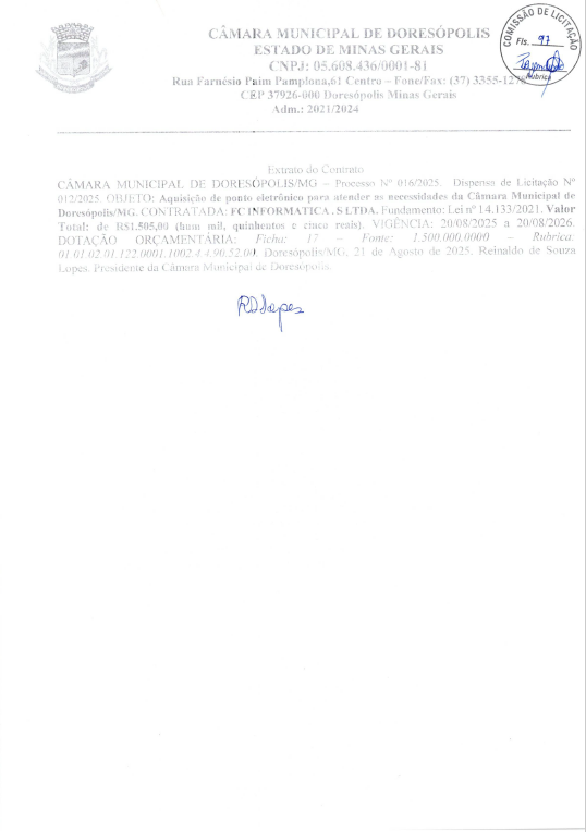 Extrato do Contrato Processo nº 016 2025 - Dispensa 012 - 2025