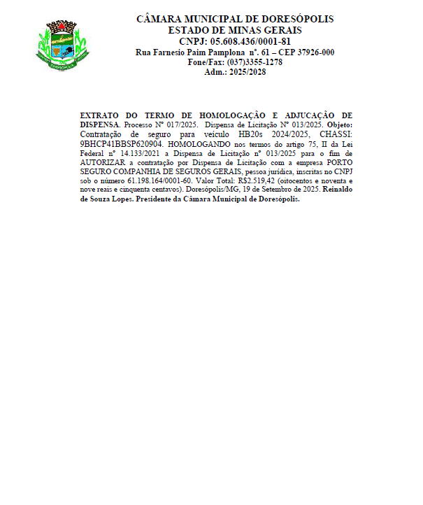 Extrato do Termo de Homologação e Adjucação de Dispensa nº 013 2025 - Processo 017 2025