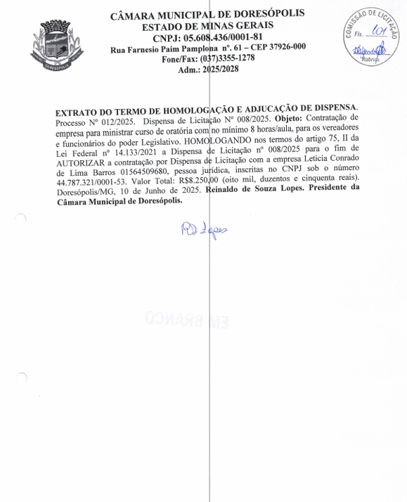 Extrato do Termo de Homologação e Adjucação de Dispensa Processo nº 012 2025