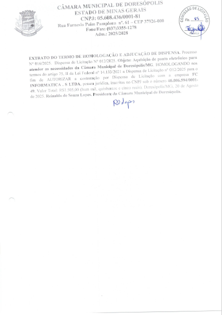  Extrato do Termo de Homologação e Adjucação de Dispensa nº 012 2025 - Processo nº 016 2025